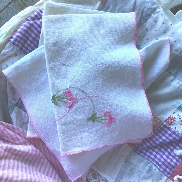 Fine Heirloom Cotton Linen Napkins White Pink Set of 4 Embroidered Vintage - Picture 1 of 5